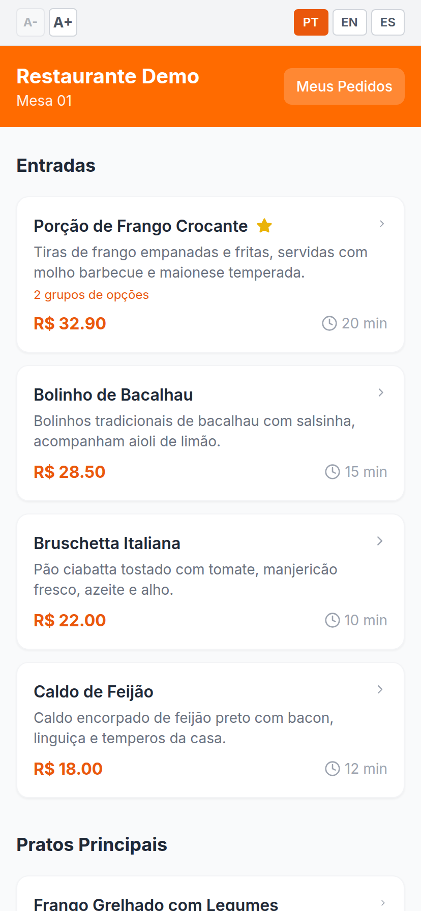 Cardápio do cliente na mesa